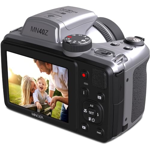 MINOLTA MN40Z 20 Mega Pixels 40x Optical Zoom Digital Camera with 1080p FHD Video (Purple) Bundle with 64GB Memory Card + Vlog Tripod + 4xAA Battery