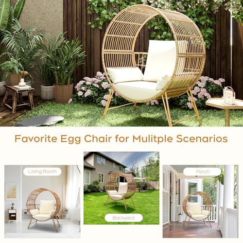 Brafab Outdoor Egg Chair, Oversized Wicker Patio Chairs with 6.69'' Cushions, 350LBS Capacity, Indoor Round Rattan Nest Chair with Stand