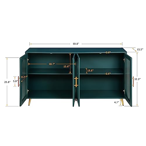 60'' Modern 4-doors Wood Storage Sideboard Buffet Cabinet Console Gold Metal Legs Handle Adjustable Shelves Entryway Accent Credenza Table for