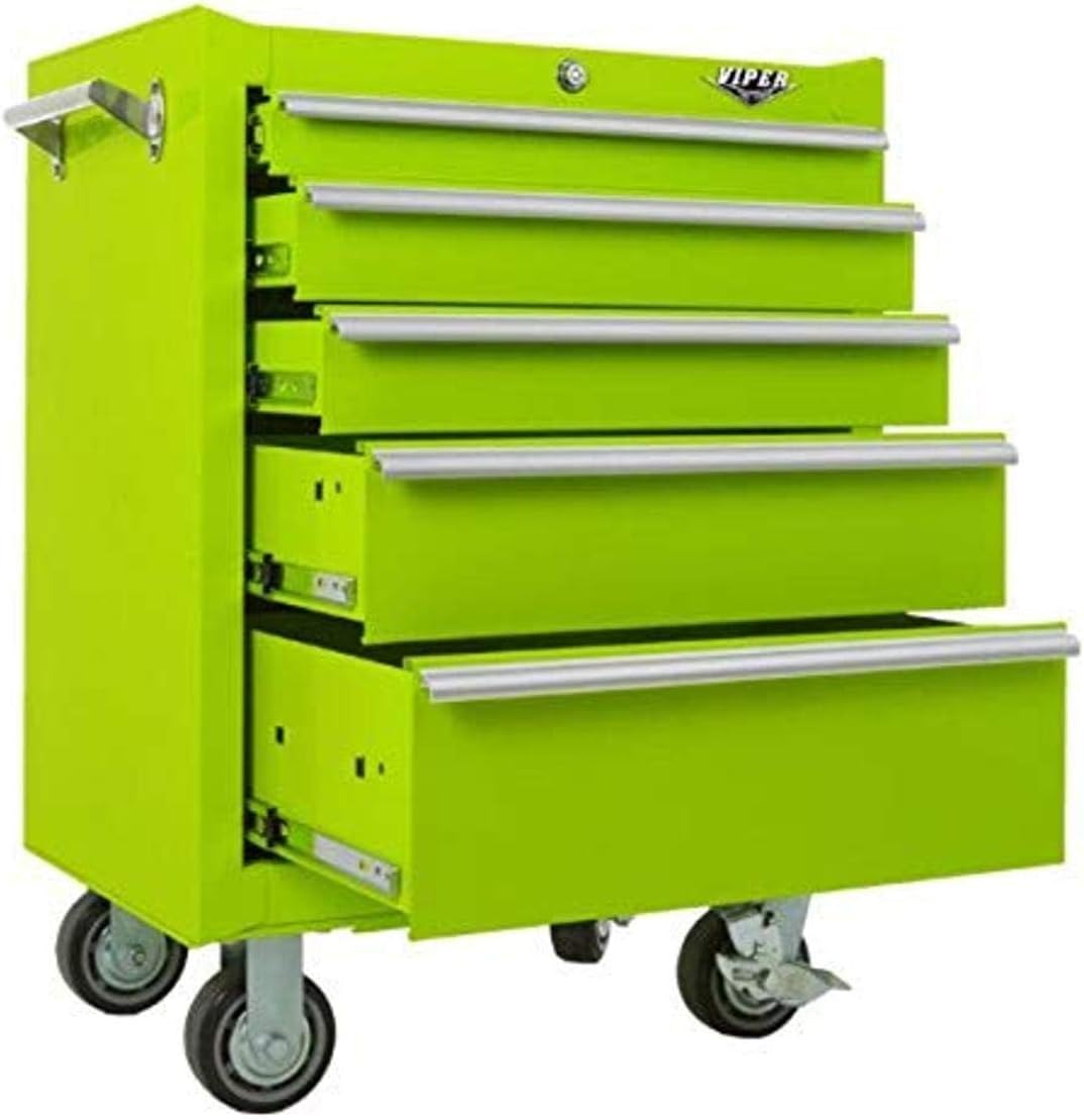 Viper Tool Storage LB2605R 26-Inch 5-Drawer 18G Steel Rolling Cabinet, Lime Green