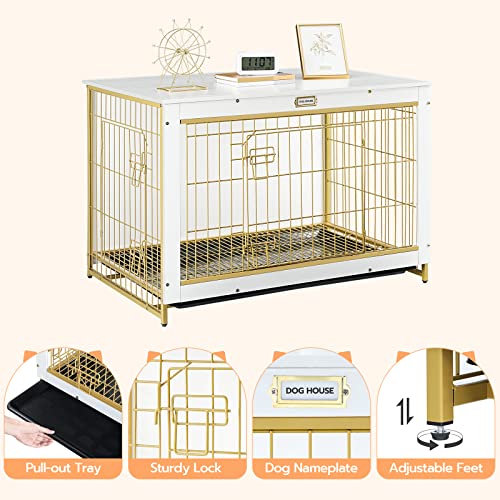HOOBRO Dog Crate Furniture, 38.6" Large Dog Kennel Indoor, Wooden Cage with Pull-Out Tray