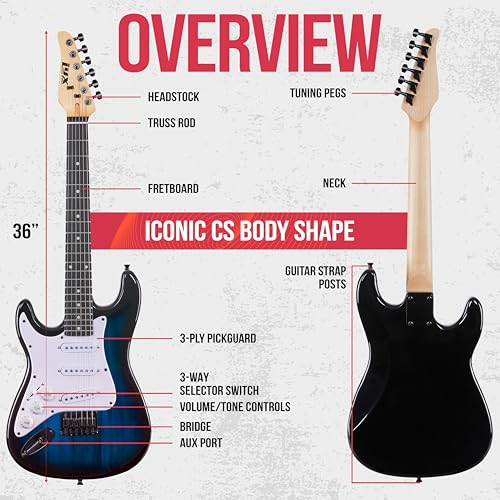 LyxPro 36 Inch Electric Guitar and Kit for Kids with 3/4 Size Beginner’s Guitar, Amp, Six Strings, Two Picks, Shoulder Strap, Digital Clip On Tuner