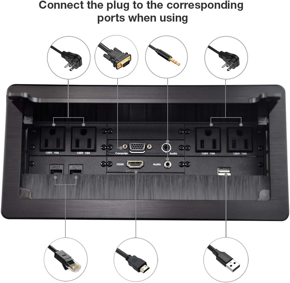 Conference Table Power Brush Connectivity Box with 4 AC Power + 2 RJ45（CAT6） + 2 Audio 3.5mm + 1 VGA + 1 HDMI + 2 USB Charger with 5.58ft Power Cord