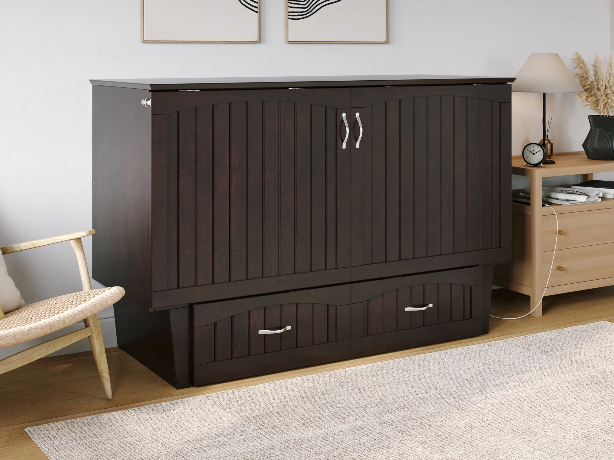 AFI Nantucket Queen Solid Wood Murphy Bed Chest with Mattress, Drawer & Charger in Espresso
