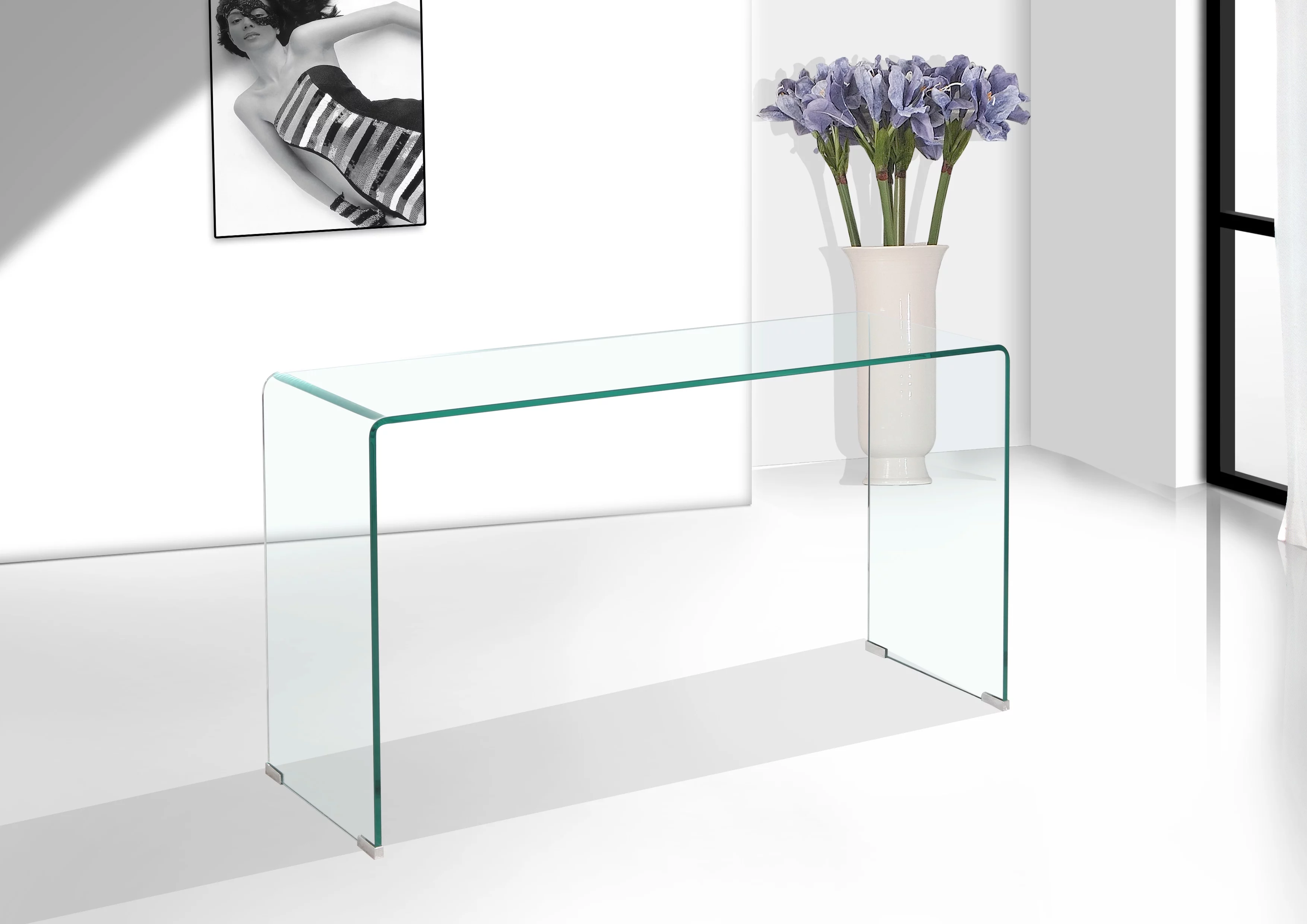 Dcenta Glass Console Table, Transparent Tempered Glass Console Table with Rounded Edges Desks, Sofa Table