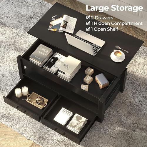 Rolanstar Coffee Table, Lift Top Coffee Table with Drawers and Hidden Compartment, Retro Central Table with Wooden Lift Tabletop, for Living Room