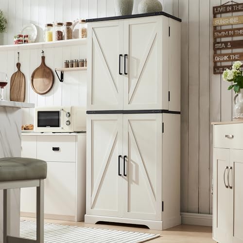 72" Tall Kitchen Pantry, Farmhouse Storage Cabinet with Barn Doors, Organizer, Drawer and Adjustable Shelves, Rustic Wood Cupboard for Kitchen