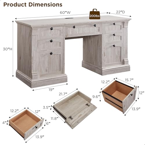 OKD 60" Executive Desk with Drawers, Farmhouse Home Office Desk with Charging Station, Keyboard Tray, File Cabinet Storage