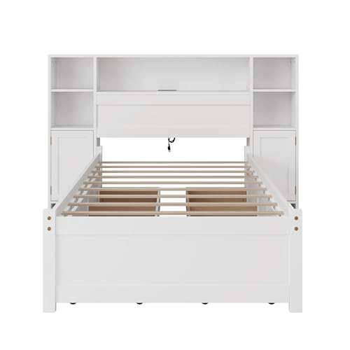 SOFTSEA Twin Size Captains Bed with 6 Storage Drawers and Bookcase Headboard, Wood Twin Storage Platform Bed with USB Ports