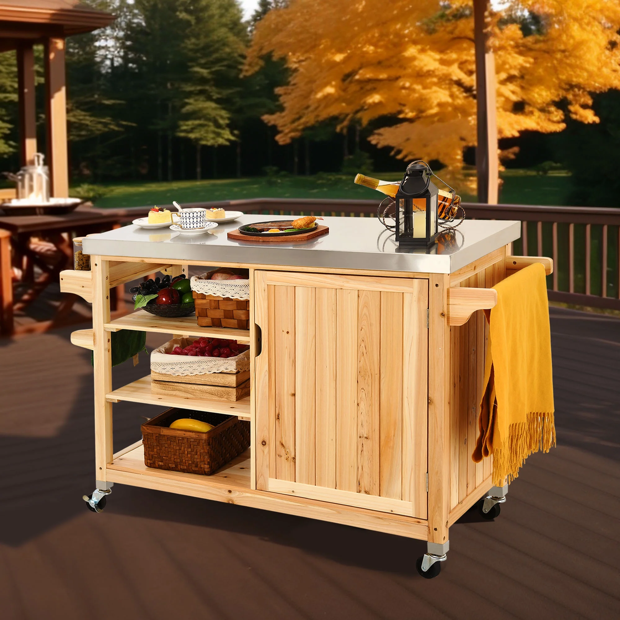 DWVO Outdoor Table and Storage Cabinet Solid Wood Movable Grill Table with Stainless Steel Top for Outside Patio Kitchen Island or Bar Cart