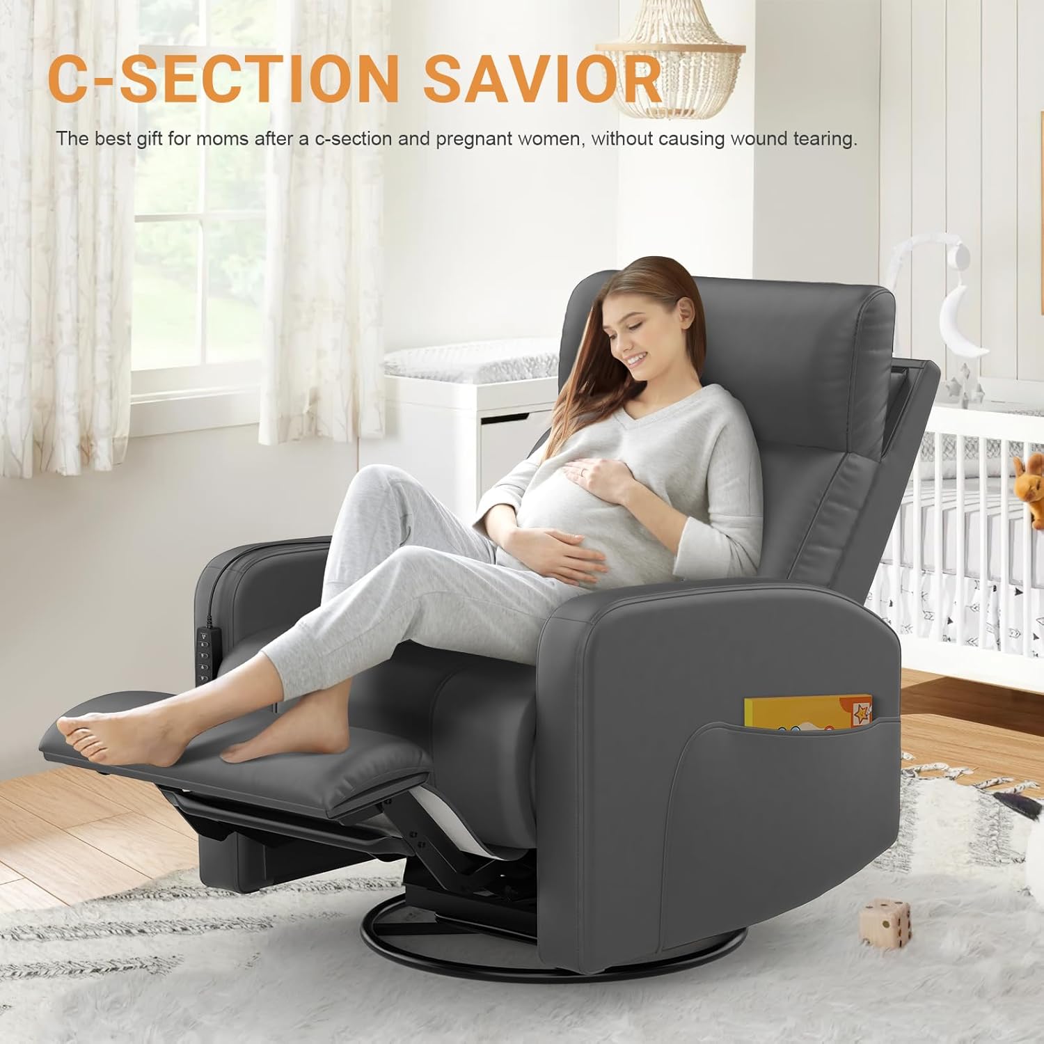 Power Recliner Nursery Glider Chair, Power Adjustable Head Support, 270 Degree Swivel Glider Rocking Chair with USB & Type C Ports