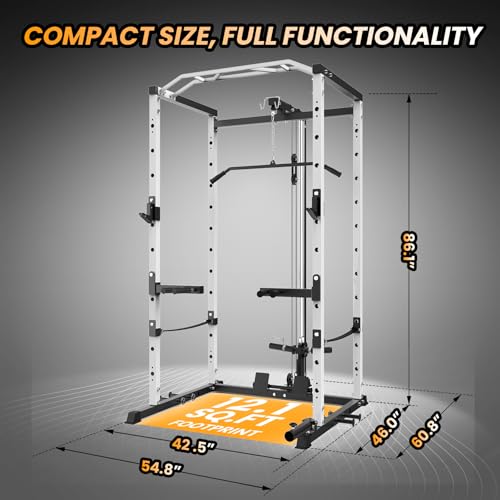 Power Cage with LAT Pulldown, Multi-Functional Power Rack with Cable Pulley System and J-Hooks, Squat Rack with Dip Bars and Landmine Attachment