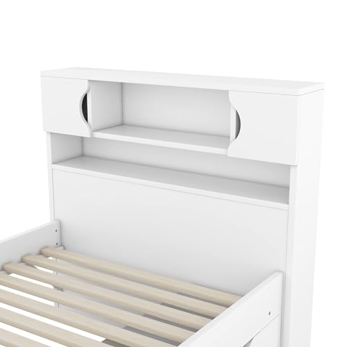 Harper & Bright Designs Twin Size Captain Platform Bed with Bookcase Headboard, Wood Twin Bed Frame with Storage Drawers and Shelves