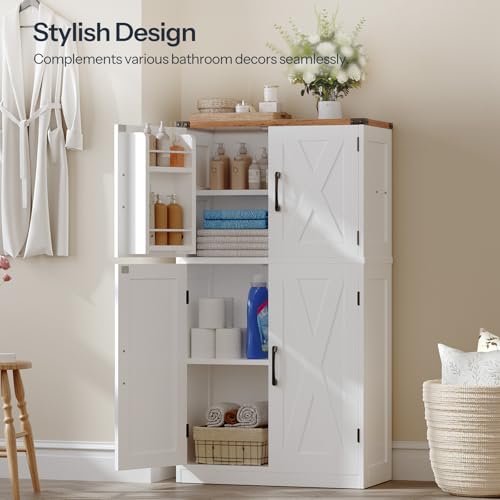 HOOBRO Bathroom Storage Cabinet, Farmhouse Freestanding Floor Cabinet with 2 Extra Hidden Storage Doors, Adjustable Shelves, Large Capacity