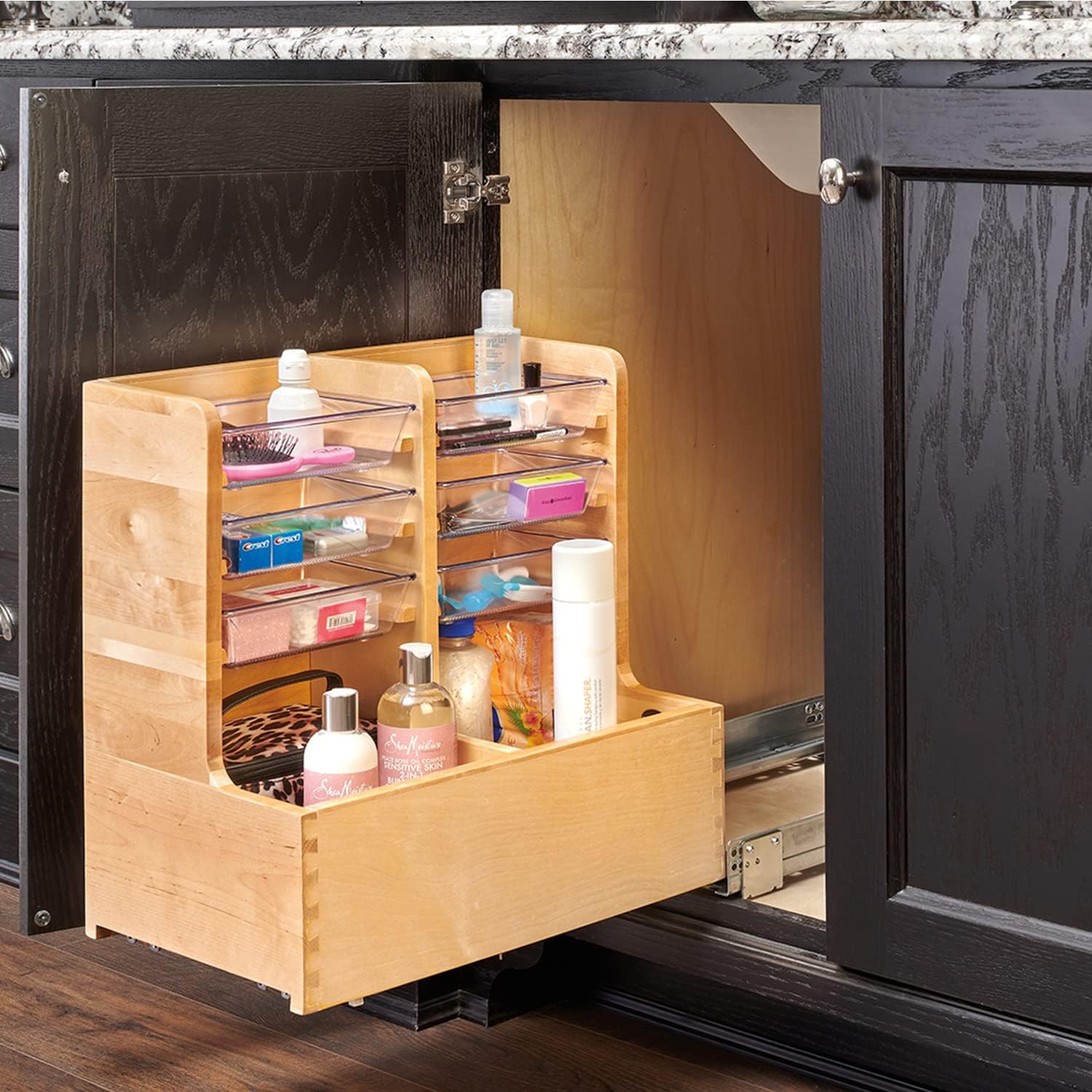Rev-A-Shelf 441-15VSBSC-1 30 Inch Floor Mount L Shaped Wood Sink Vanity Cabinet Base Storage Organizer with Soft Close Slides and Bins, Natural Maple