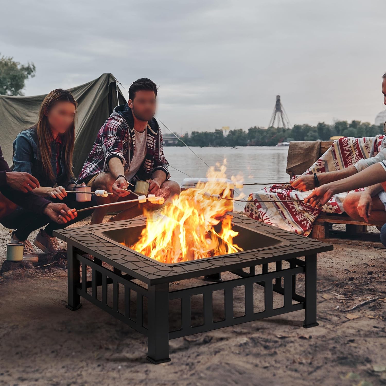 Yaheetech Multifunctional Fire Pit Table 32in Square Metal Firepit Stove Backyard Patio Garden Fireplace for Camping, Outdoor Heating