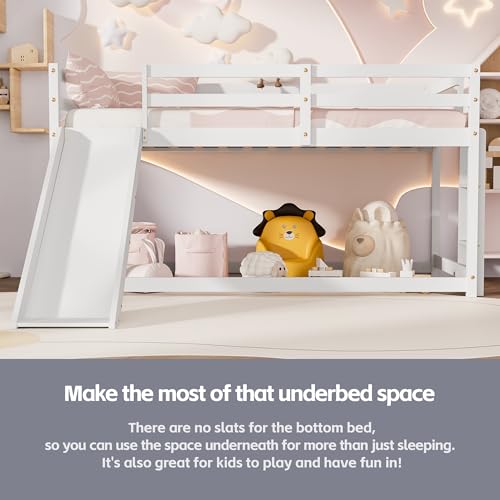OLEAD Low Bunk Bed with Slide, Floor Loft Bed with Climbing Ladder, Wood Twin Bunk Bed Frame with Full Guardrails & Storage Space for Kids Toddler