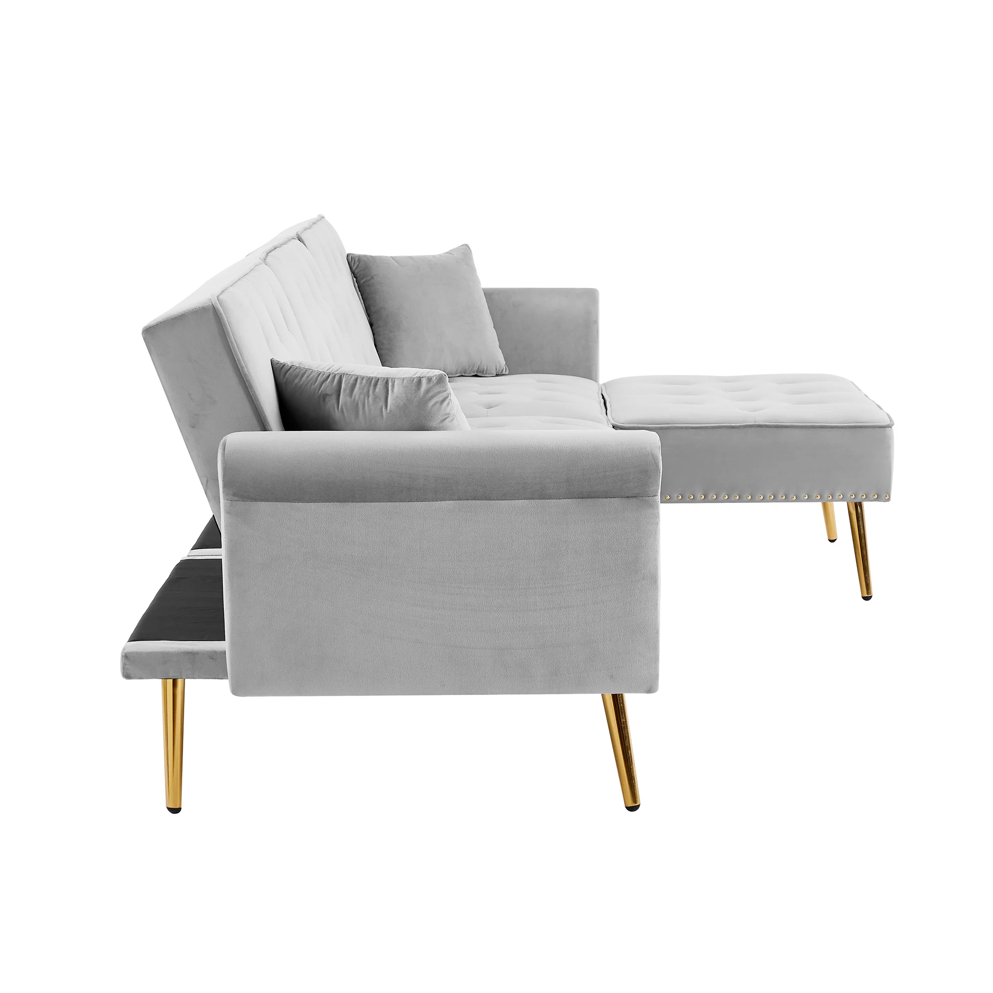 Dcenta Modern Upholstered Reversible Sectional Sofa Bed , L-Shaped Couch with Movable Ottoman and Nailhead Trim For Living Room. (Light Grey)