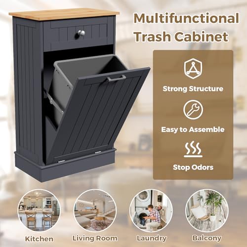 Tilt Out Trash Cabinet Kitchen Trash Can Holder Recycling Cabinet Laundry Hamper with Hideaway Drawer Wooden Bamboo Cutting Board with Added