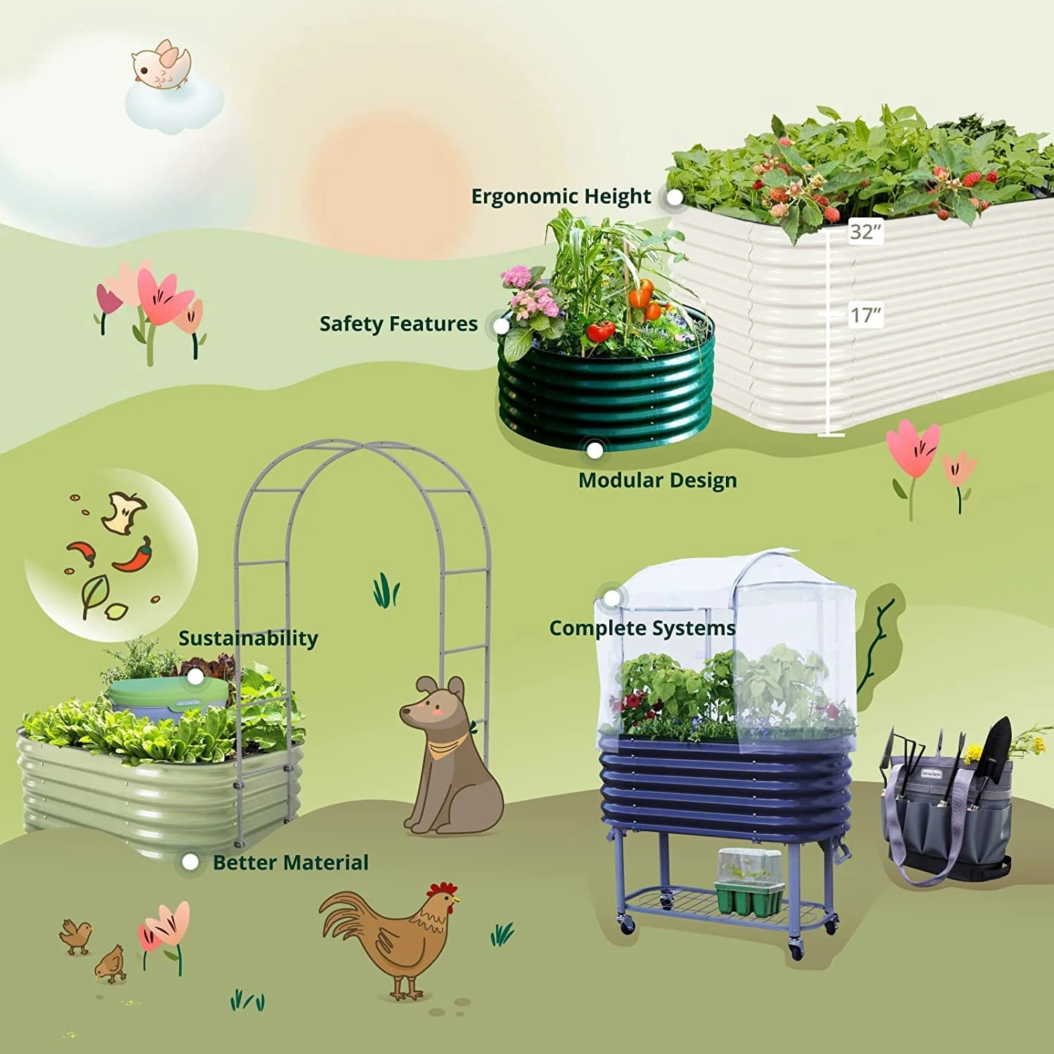 Vego Garden Cascading Metal Raised Gardening Bed Kit - Olive Green