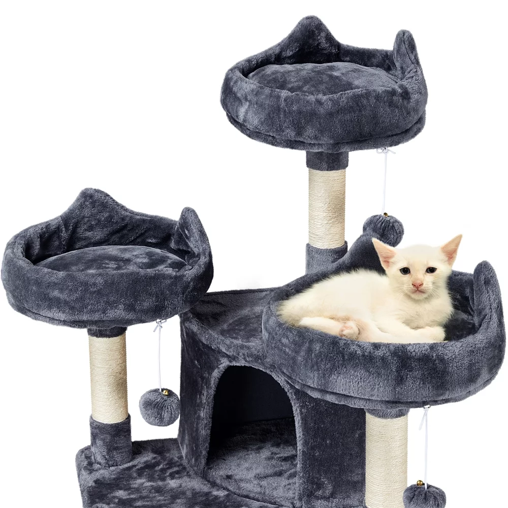 Easyfashion Large Cat Tree Plush Tower with Caves Condos Platforms Scratching Board, Dark Gray