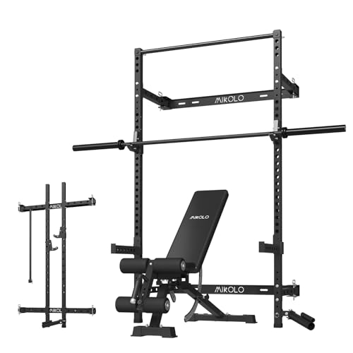 Mikolo 2" x 2" Folding Wall Mounted Squat Rack, 1000 Pounds Capacity Power Rack with Pull Up Bar, J Hooks and Other Attachments, Space-Saving Home Gym