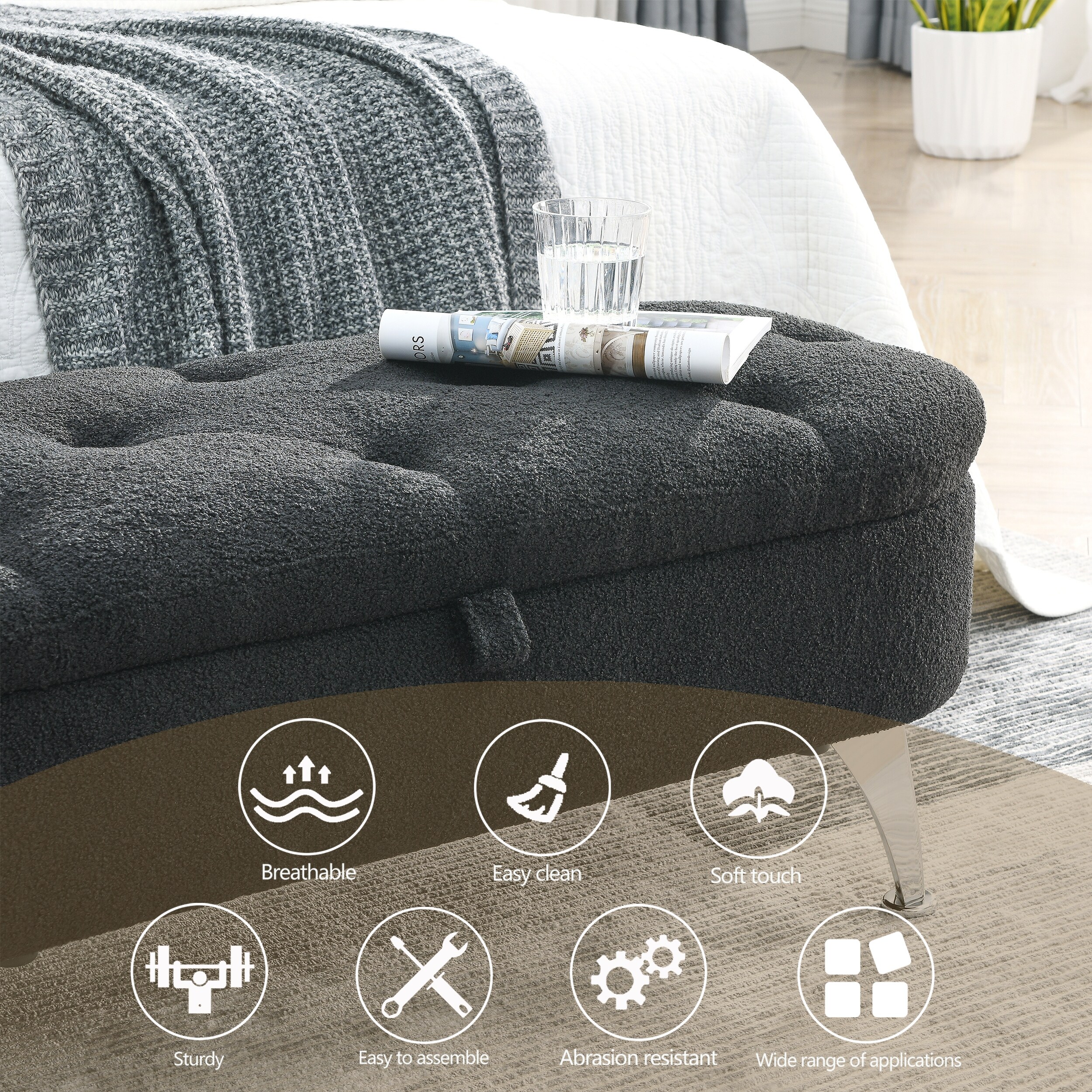 Length 45.5 inches Storage Ottoman Bench Black teddy