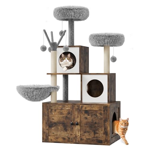 57.5-Inch Cat Tree with Litter Box Enclosure 2-in-1 Modern Cat Tower with Cat Condo/Hammock/Scratching Post/Plush Perch/Removable Pompom Sticks/Caves