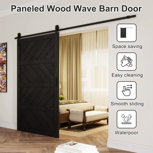 Sliding Barn Door 30”x84”, Black Barn Doors with Modern Paneled Wave Design, Complete Barn Door Set, Waterproof PVC Surface