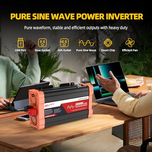 BELTTT 2000W Pure Sine Wave Inverter, Car Power Inverter 12V to 120V AC Converter for RV, Truck, Solar, Outdoor with Dual AC and 20A Socket