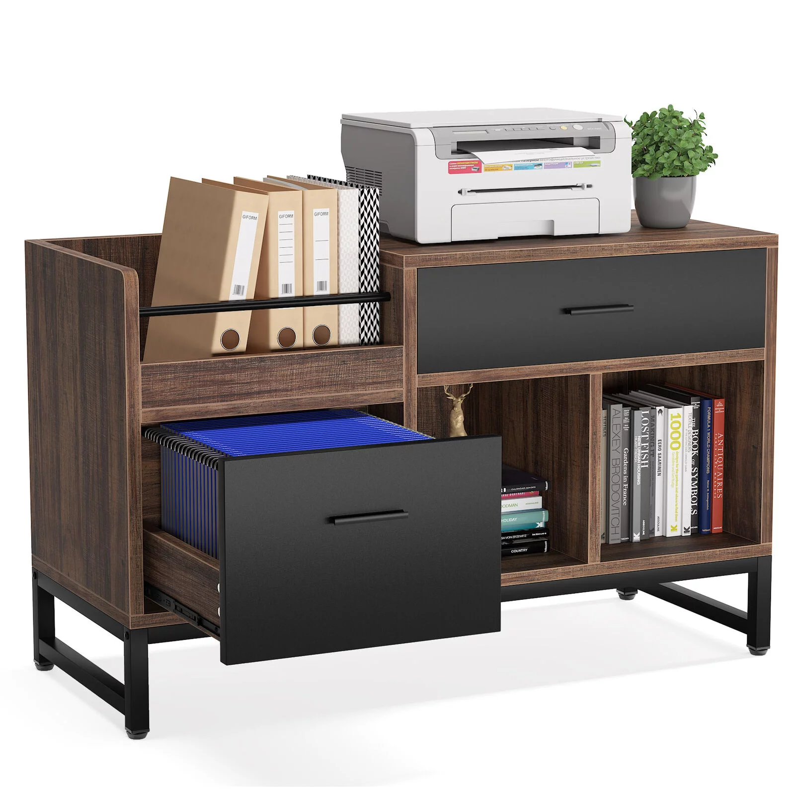 2 Drawers Lateral File Cabinet Rustic Wood Printer Stand with Open Storage Shelves