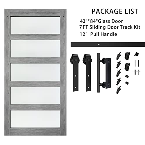 BARNSMITH 42in x 84in Glass Barn Door with 7FT Sliding Door Hardware Kit Included & Handle