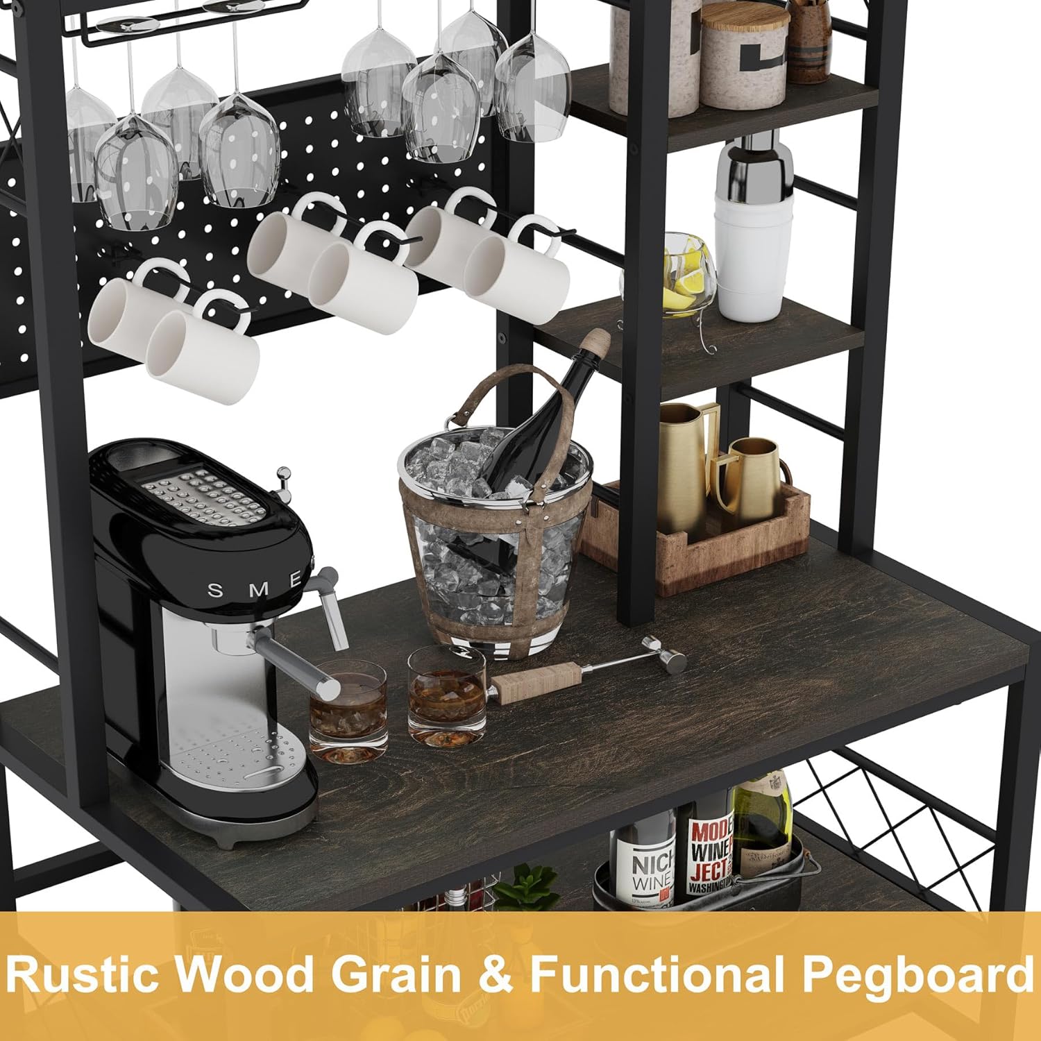 Industrial 3 Tier Mobile Gold Bar Cart with Wine Rack Freestanding Floor with Glass Holders and Hooks