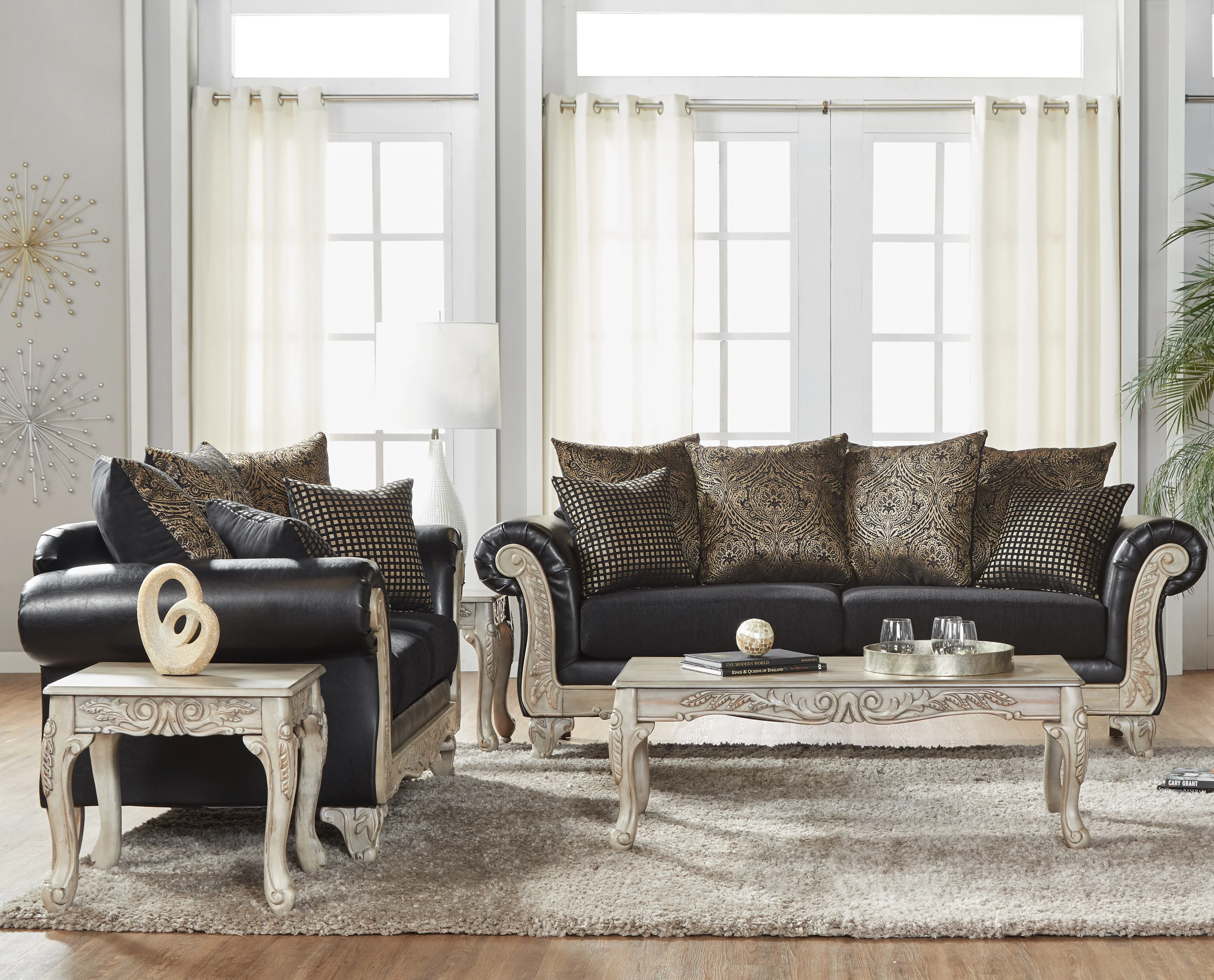 Roundhill San Marino Wood Frame Faux Leather Sofa and Loveseat with 3-Piece Tables Set