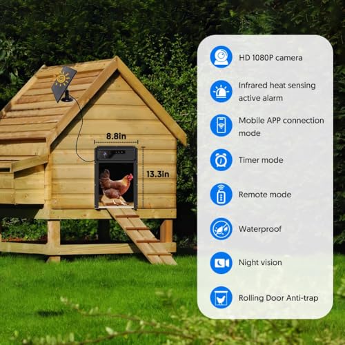 1080P HD Camera Solar Automatic Chicken Coop Door, 5000 mAh Battery, Support WiFi, APP Remote Control, Timer