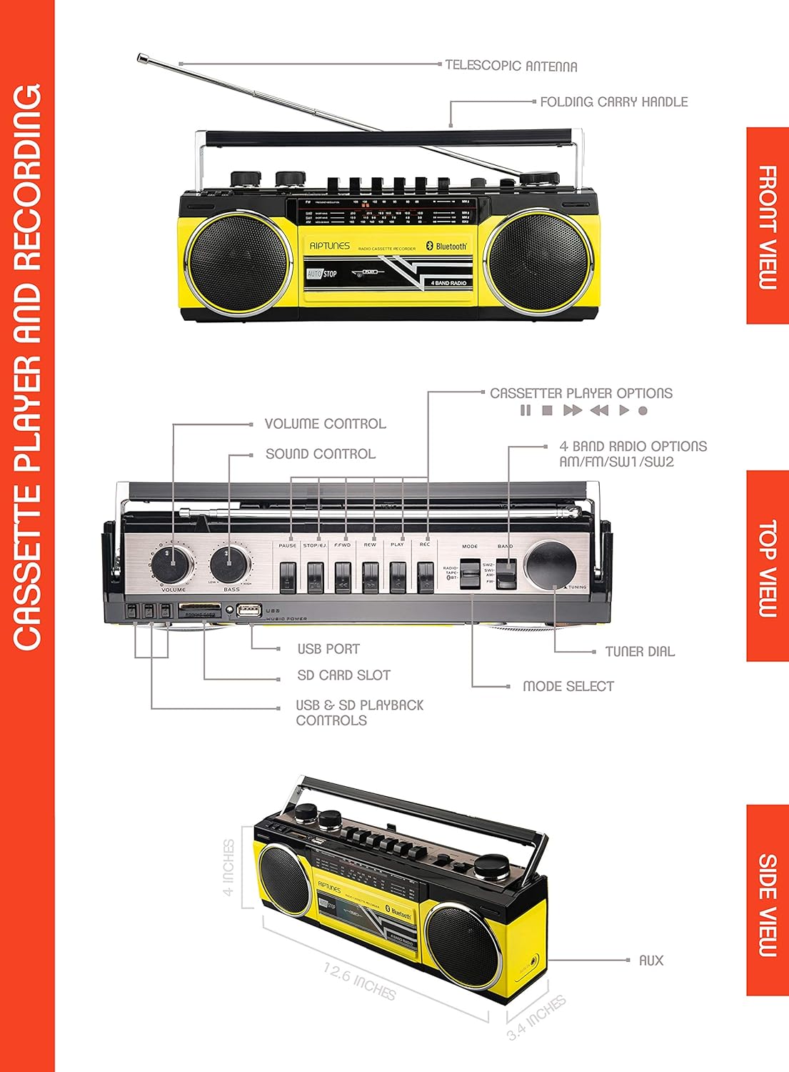 Riptunes Cassette Boombox, Retro Blueooth Boombox, Cassette Player and Recorder, AM/FM/ SW-1-SW2 Radio-4-Band Radio, USB, and SD, Yellow
