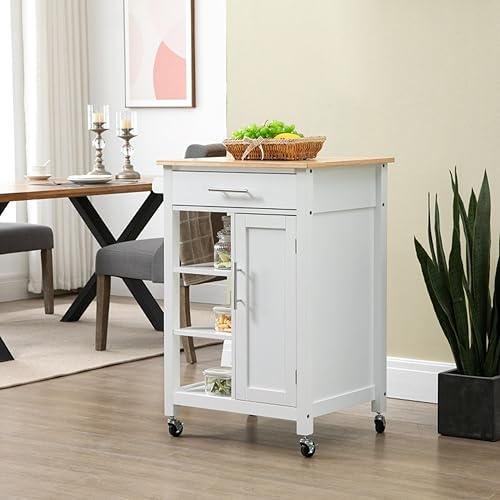 Kitchen Cart with Wood Tabletop - Rolling Serving Utility Trolley Cart - Mobile Kitchen Island with Storage - Microwave Cart on Wheels - 1 Drawer