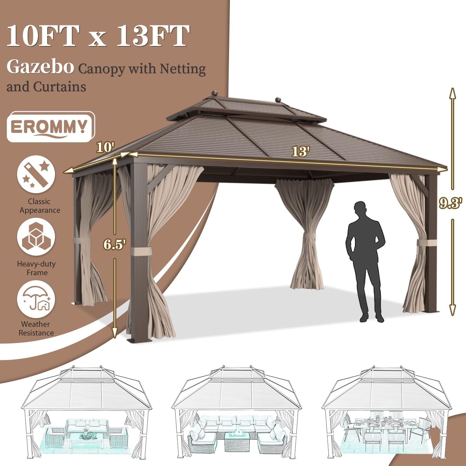 EROMMY Hardtop Gazebo Galvanized Steel Outdoor Gazebo Canopy Double Vented Roof Pergolas Aluminum Frame with Netting and Curtains for Garden,Patio