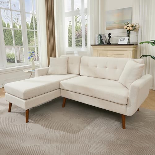 Tbfit L Shaped Couch Sofa, 80" W Mid-Century Modern Sectional Couches, 3 Seater Sofas with Wide Chaise Lounge & Two Pillows