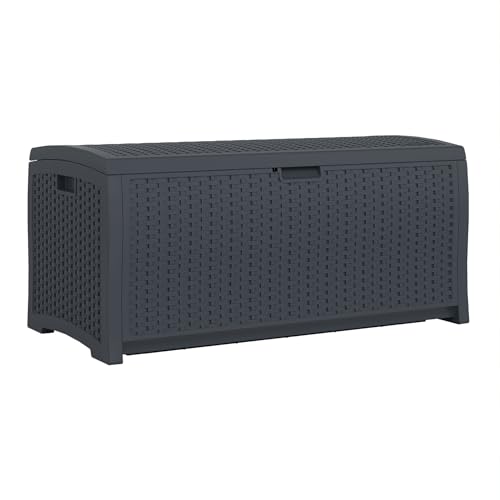 Suncast Outdoor Storage Box - 73 Gallon Mocha Brown Deck Box for Patio, Waterproof Outdoor Storage Bench, Resin Wicker Style, Heavy-Duty