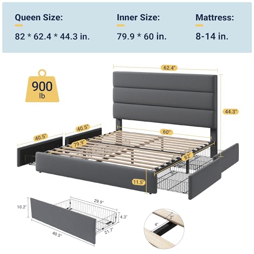 Allewie Modern Full Size Platform Bed Frame with 4 Storage Drawers and Velvet Upholstered Headboard, Wooden Slats Support