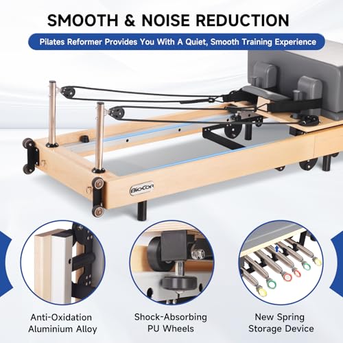 Extended Pilates Reformer, Foldable Wood Pilates Machine with Sitting Box, Jump Board and Anti-Slip Mat for Strength, Rehab & Flexibility