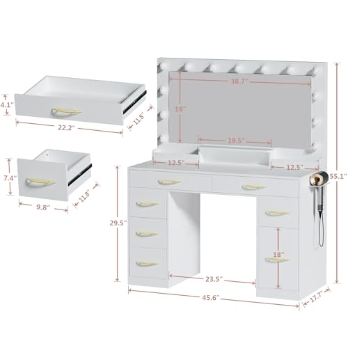 Makeup Vanity Desk with Lights, Vanity Desk with Large Mirror, White Vanity with Outlets Large Drawers & Storage, 3 Lighting Color Adjustable