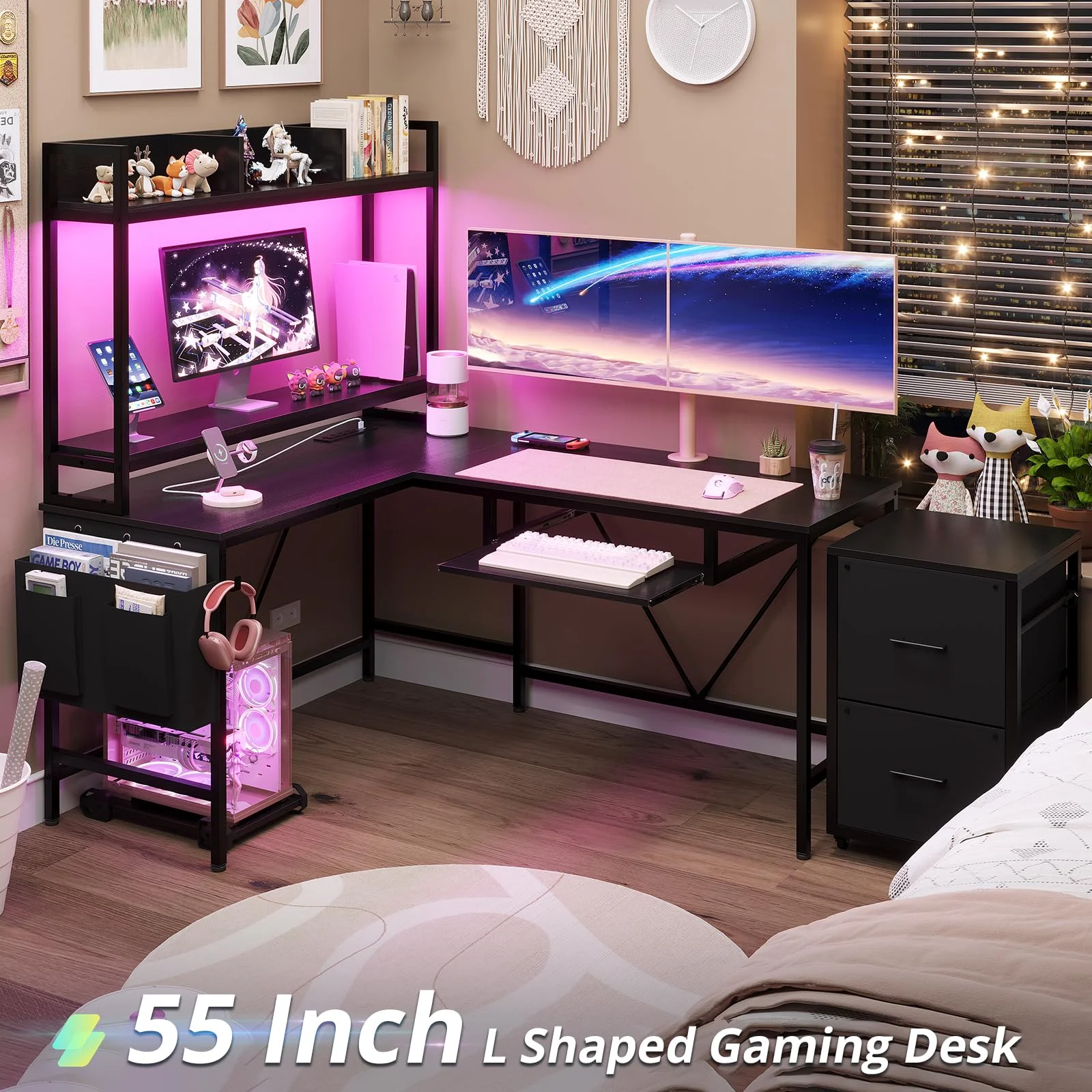 Black 55" Reversible Corner Computer Desk with Storage Shelf,L Shaped Gaming Desk with Power Outlet & Led Strip,Keyboard Tray and Headphone Hook