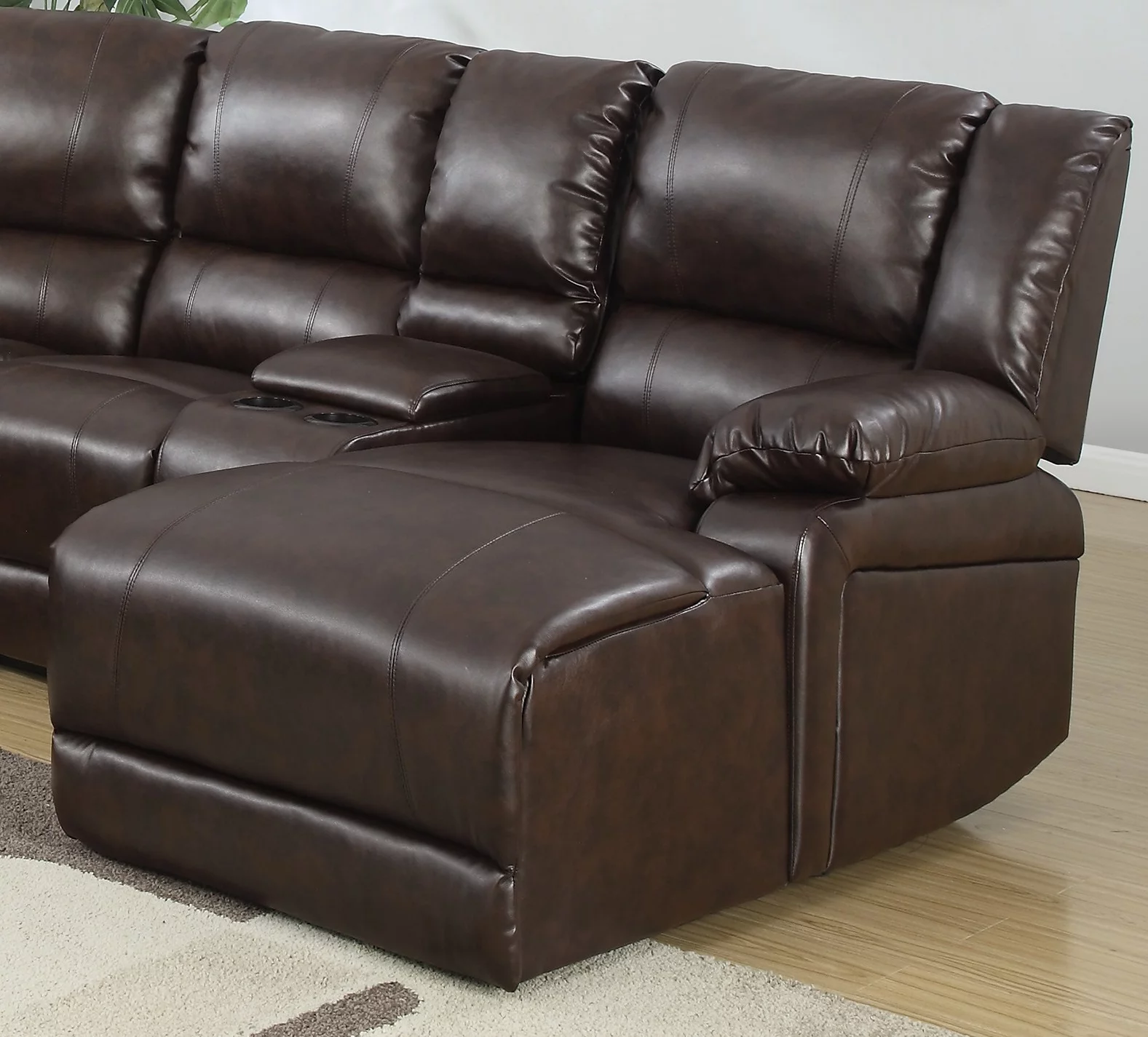 Motion Sectional Sofa Chaise Console Living Room Brown Color Bonded Leather Wedge Cushion Couch