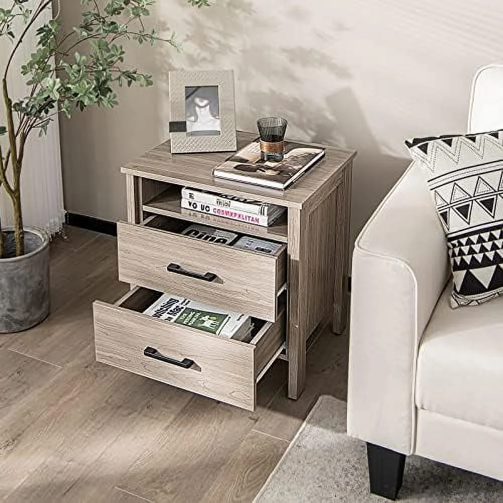 RUNFAYBIU Nightstand with 2 Drawers   Wooden End Side Tables with Open   and Cable Hole  Multifunctional 2-Drawer Night Stand  Farmhouse Bedside