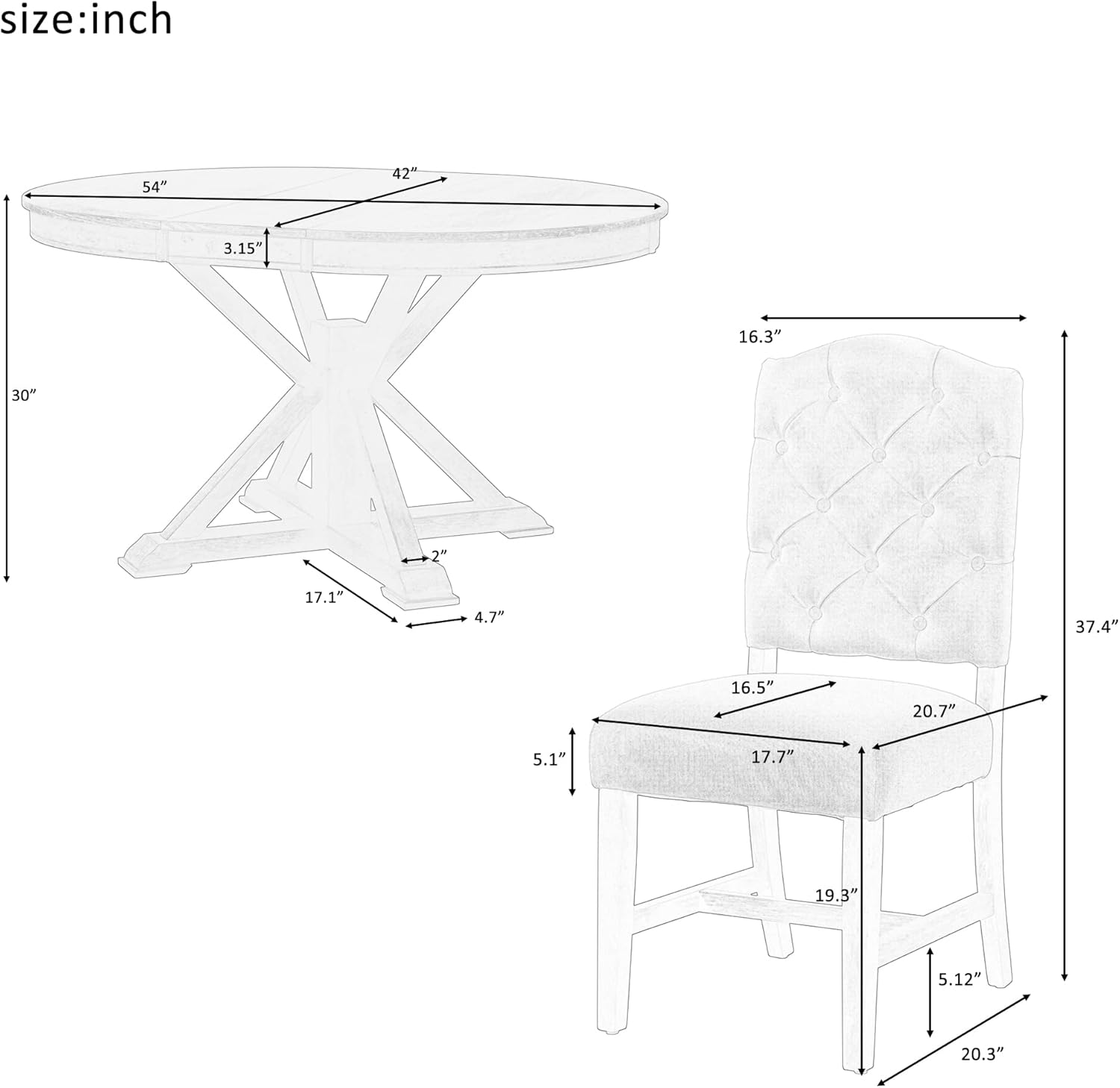 Functional Furniture Retro Style Extendable 4 Upholstered Chairs, Living Room, Oak Natural Wood + Off White, 5 Piece Dining Table Set