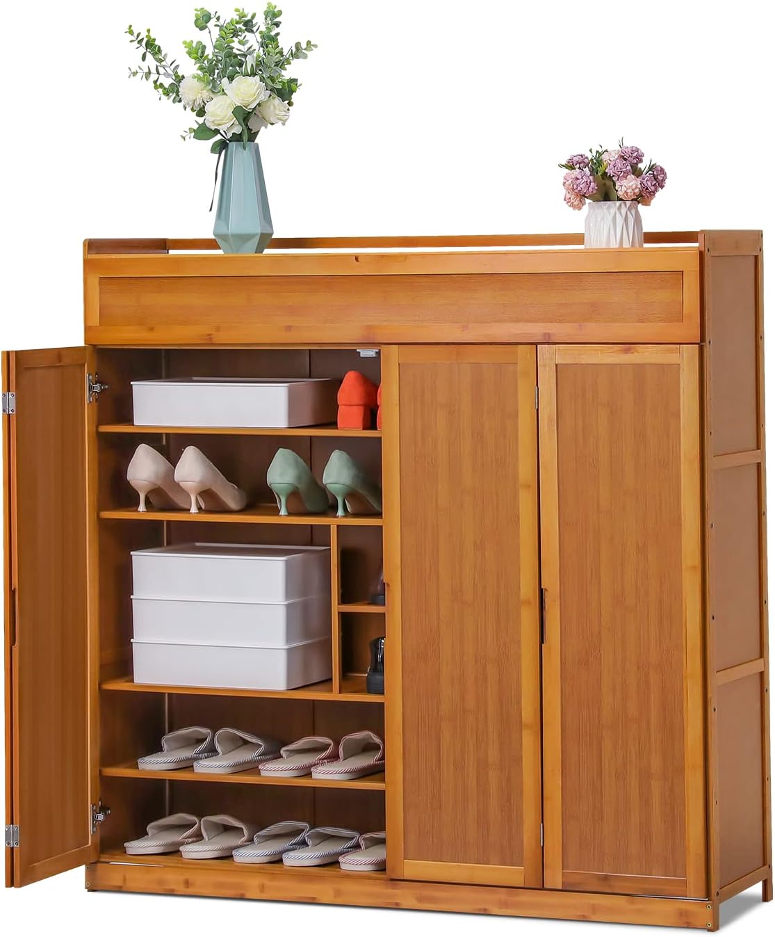 Magshion Large 7 Tier Shoe Storage Cabinet with Bamboo Doors, Multifunctional Organizer Rack for Home Living Room
