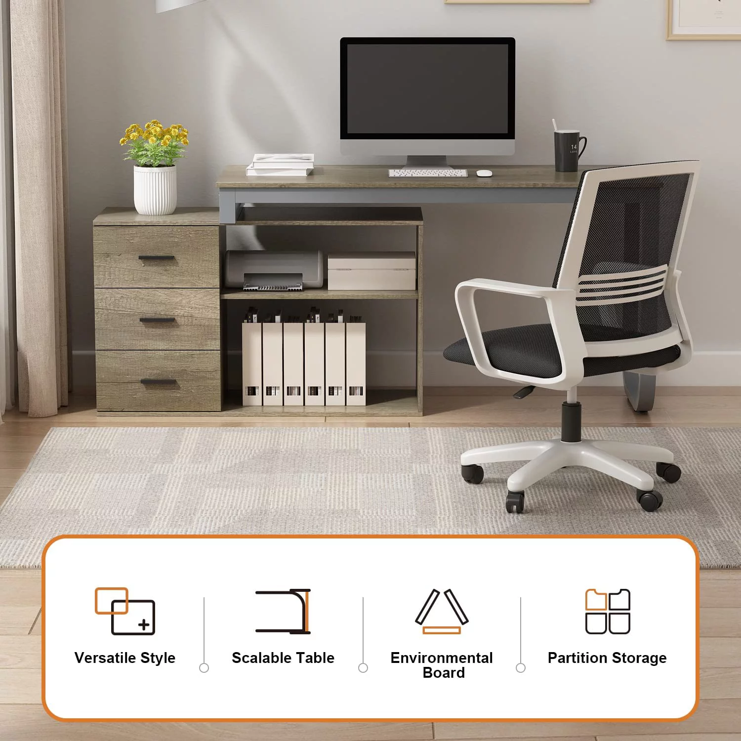 55.1" Large L-Shaped Office Desk with 41.3" File Cabinet  Corner Computer Desk with 3 Drawers