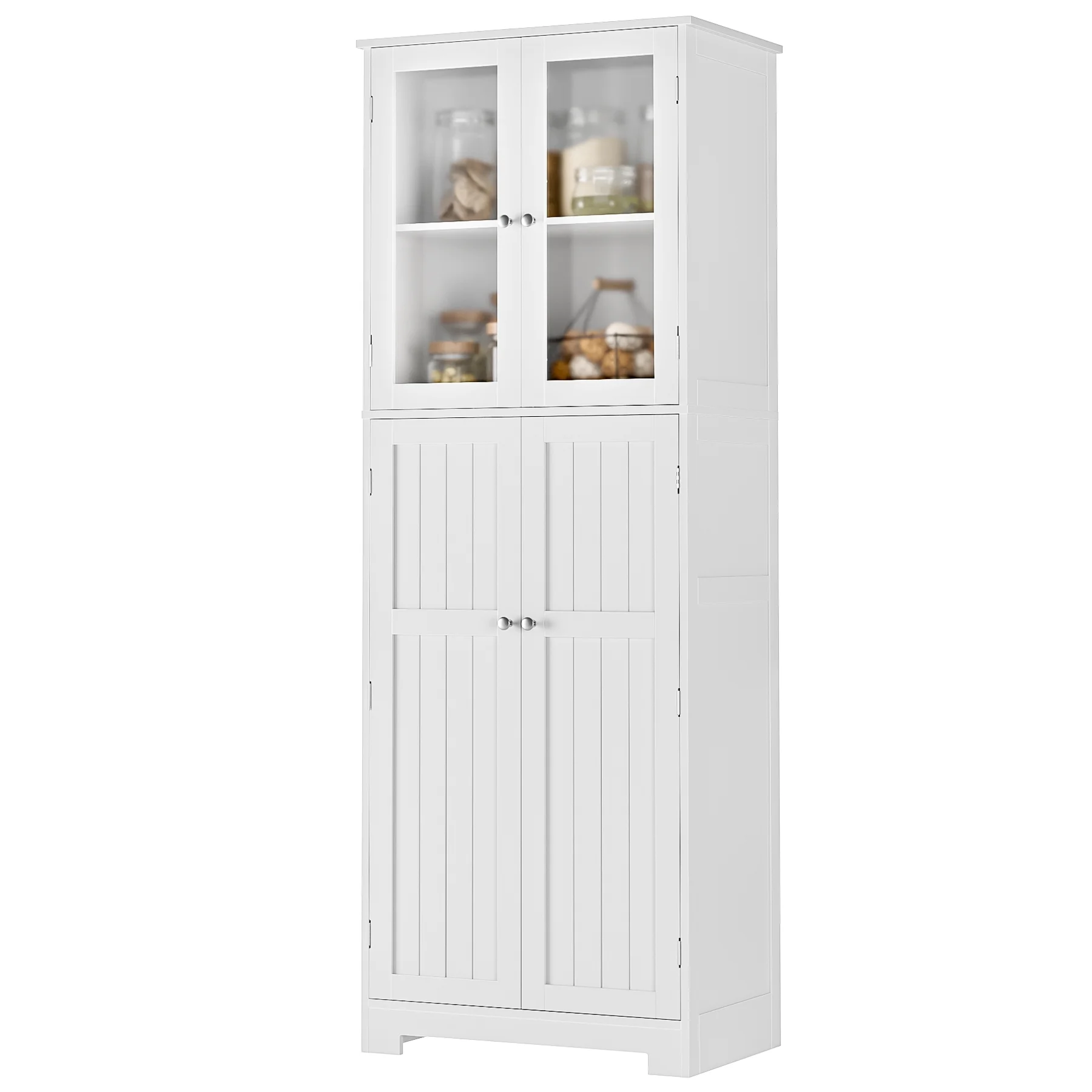 Homfa Farmhouse Kitchen Pantry Cabinet,  67'' Food Storage Cabinet with Frosted Glass Doors for Dining Room, White